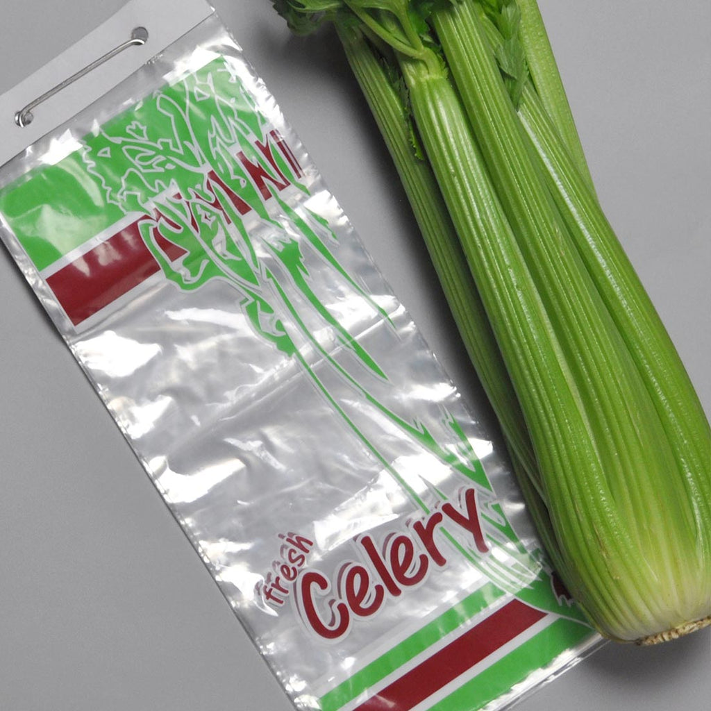 6" x 14-1/2 + 3-1/2 BG + 1-1/2 LP" Clear with Vent Holes, Printed 1 mil LDPE Celery Bags