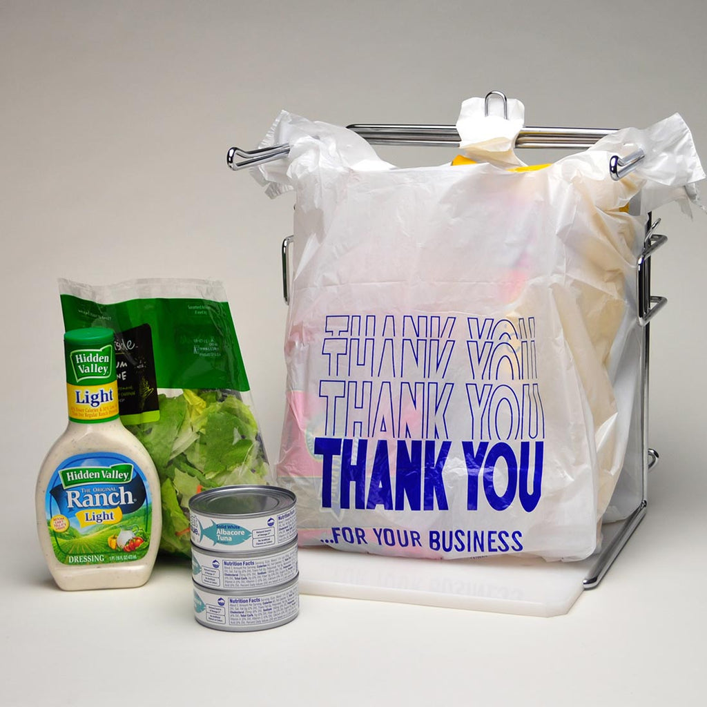 11-1/2" x 6-1/2" x 21-1/2" White Printed "Thank You", 0.5 mil HDPE T-Shirt Bags