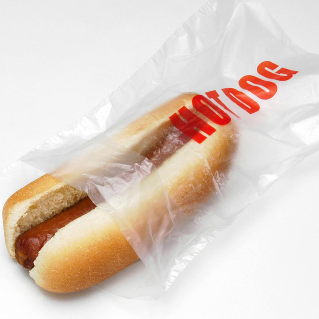 5-1/4" x 8 + 1-1/2 FB" Clear Flip Top, Saddle Pack, Printed 0.5 mil HDPE Hot Dog Bags