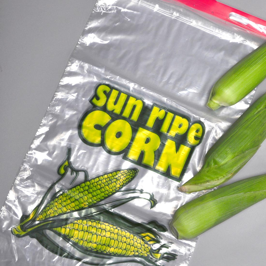 13" x 22 + 2 LP" Clear on Plastic Header, Corn 1.2 mil LLDPE Produce Bags