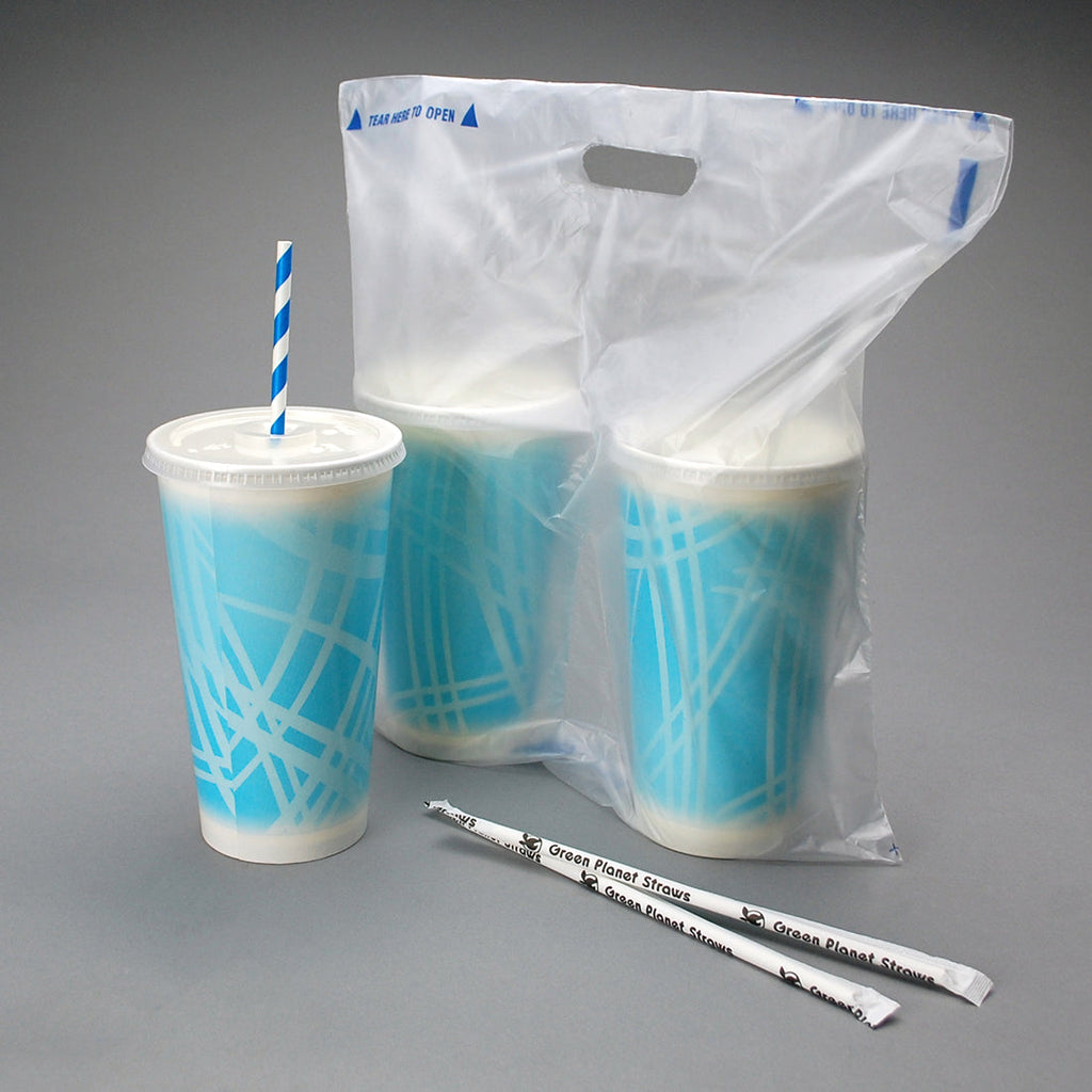 14" x 14 + 2-1/2 BG + 3-1/2 LP" White Fast Take®, Tamper Evident, 2-drink 1 mil HDPE Beverage Carrier Bags