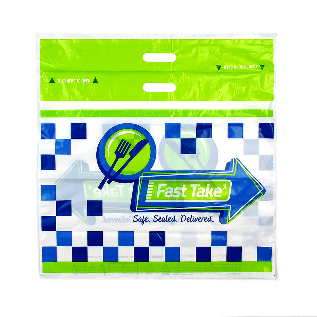 21" x 18 + 10 BG + 3-1/2 LP" White Fast Take®, Tamper Evident, Printed 1.5 mil HDPE Carryout Bags