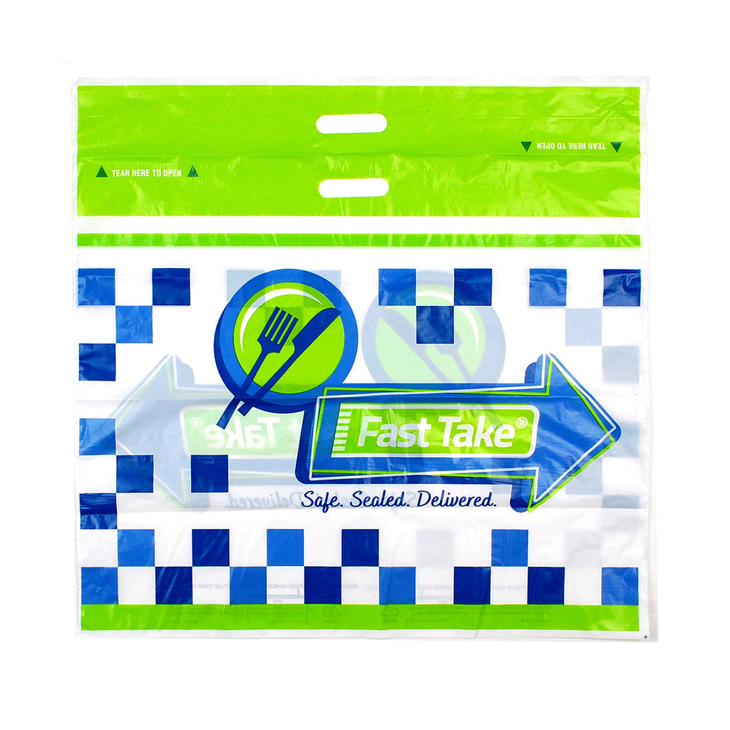 24" x 20 + 11 BG + 3-1/2 LP" White Fast Take®, Tamper Evident, Printed 1.5 mil HDPE Carryout Bags