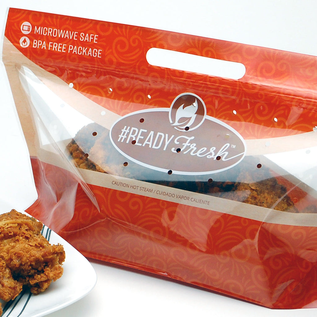 14" x 8-1/4 + 5-1/2 BG" Clear Grab-N-Go Pouch - 8 Piece Chicken, Zipper 2.5 mil CPP Carryout Bags