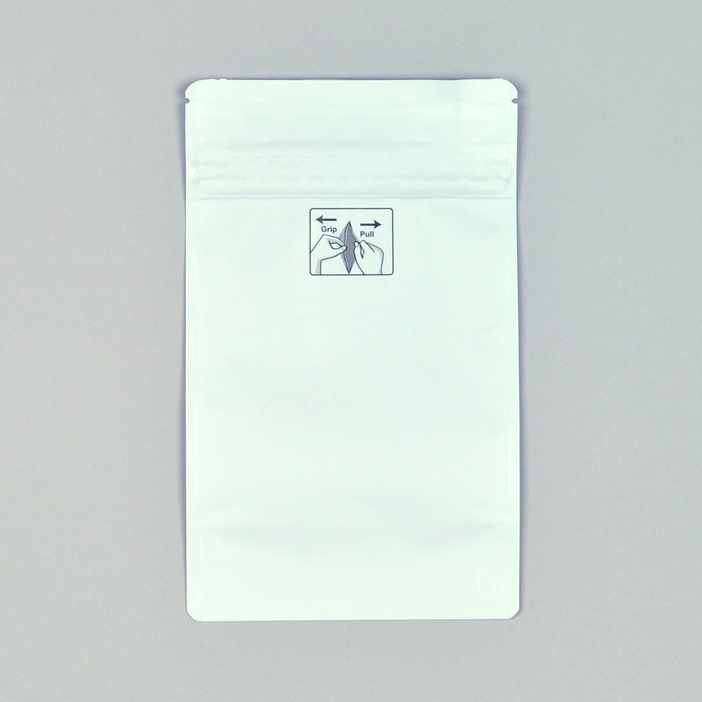 5" x 8.13 + 3 BG" White 1/2th oz, Zipper 4.8 mil Child-Resistant Pouches