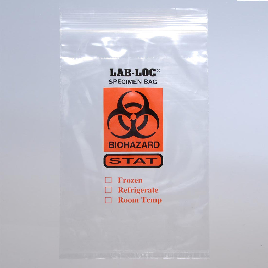 6" x 6" Clear Spanish Print, Zipper, 3-Wall, "STAT" 2 mil LDPE Specimen Transfer Bags