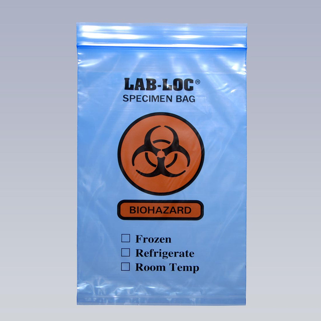 6" x 9" Blue Spanish Print, Zipper, 3-Wall, Biohazard 2 mil LDPE Specimen Transfer Bags
