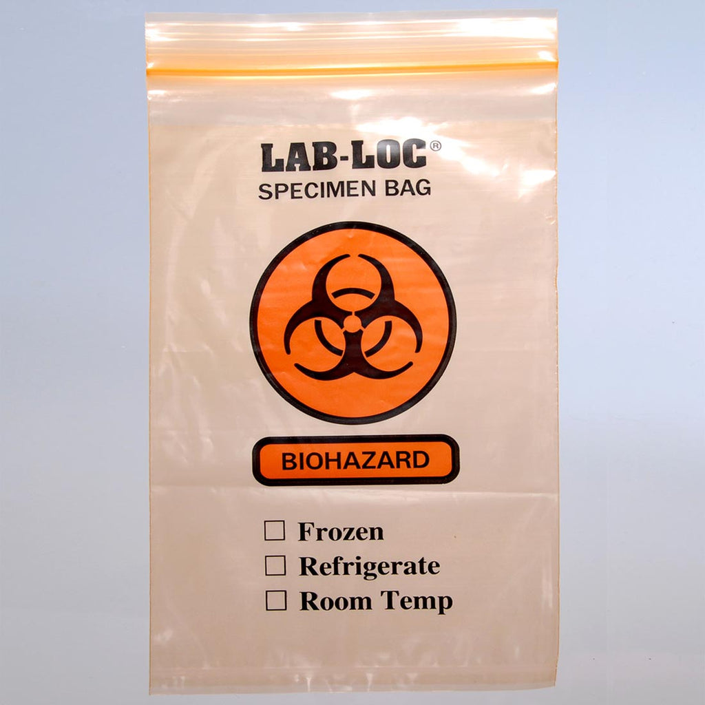 6" x 9" Orange Tint Spanish Print, Zipper, 3-Wall, Biohazard 2 mil LDPE Specimen Transfer Bags