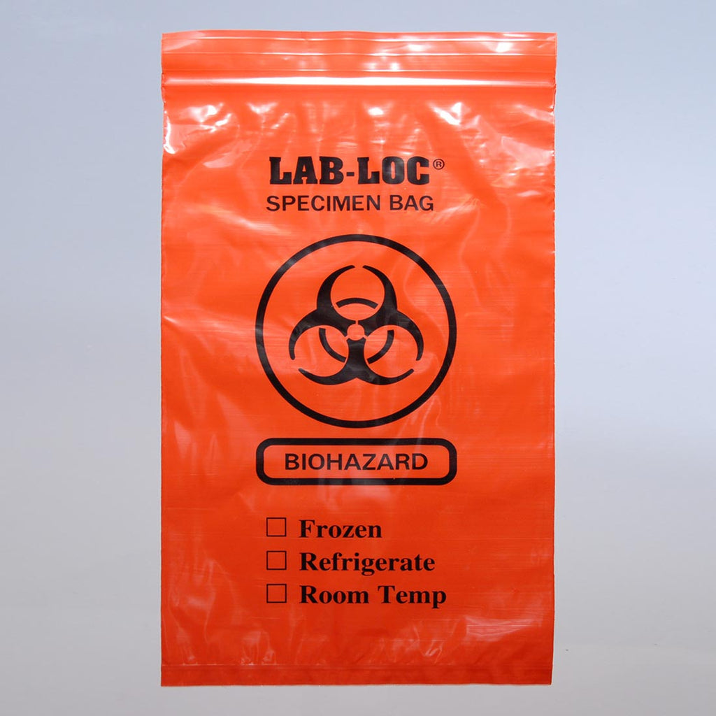 6" x 9" Red Opaque Spanish Print, Zipper, 3-Wall, Biohazard 2 mil LDPE Specimen Transfer Bags