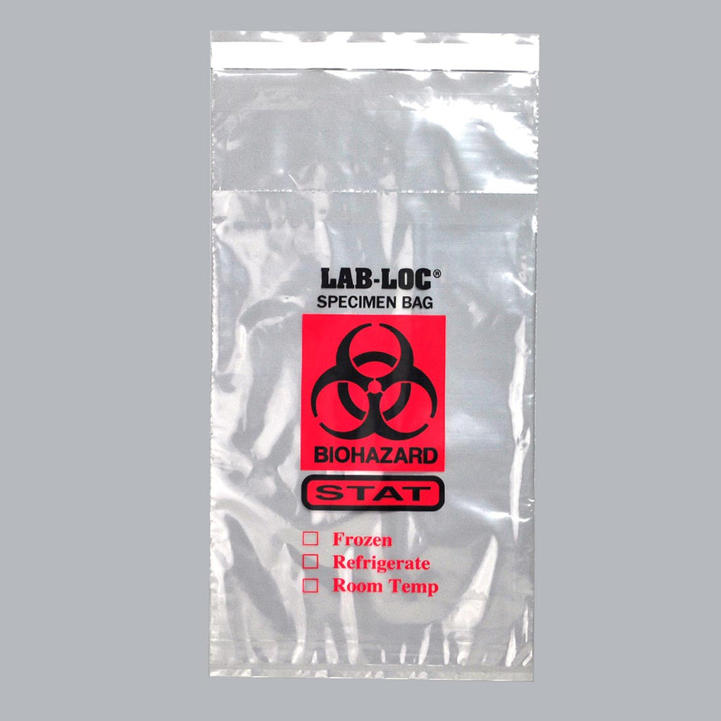 6" x 10" Clear Tamper Evident, Spanish Print, Zipper, 3 Wall, "STAT" 2 mil LDPE Specimen Transfer Bags
