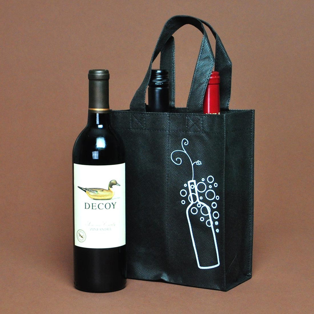 7" x 3-3/4" x 9-1/4 + 3-3/4 BG" Black Two Bottle Wine 80 GSM NWPP Grocery Bags