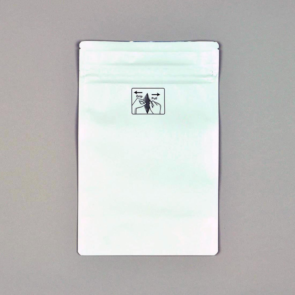 5.9" x 9 + 3-1/2 BG" White 1 oz, Zipper 4.8 mil Child-Resistant Pouches