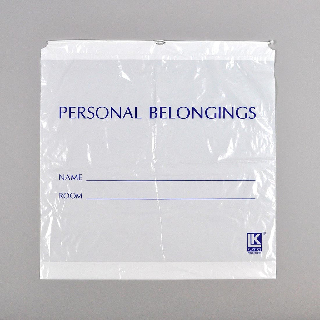 25" x 26 + 3 BG" White Patient Identification, Drawstring 1.5 mil LDPE Personal Belongings Bags