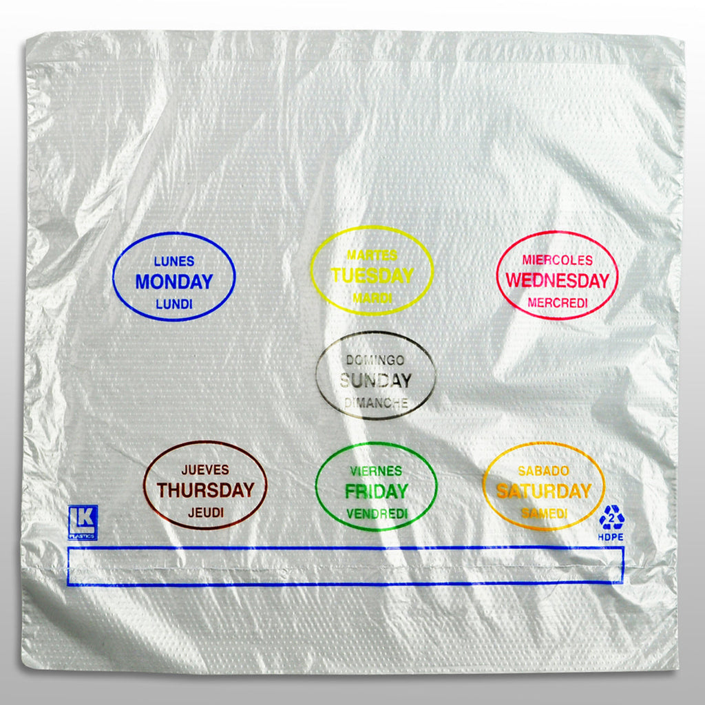 10" x 8-1/2 + 2 LP + 2 FB" Clear Spanish Print, Flip Top, Saddle Pack, Printed All Days (7 colors) 0.5 mil HDPE Portion Control Bags