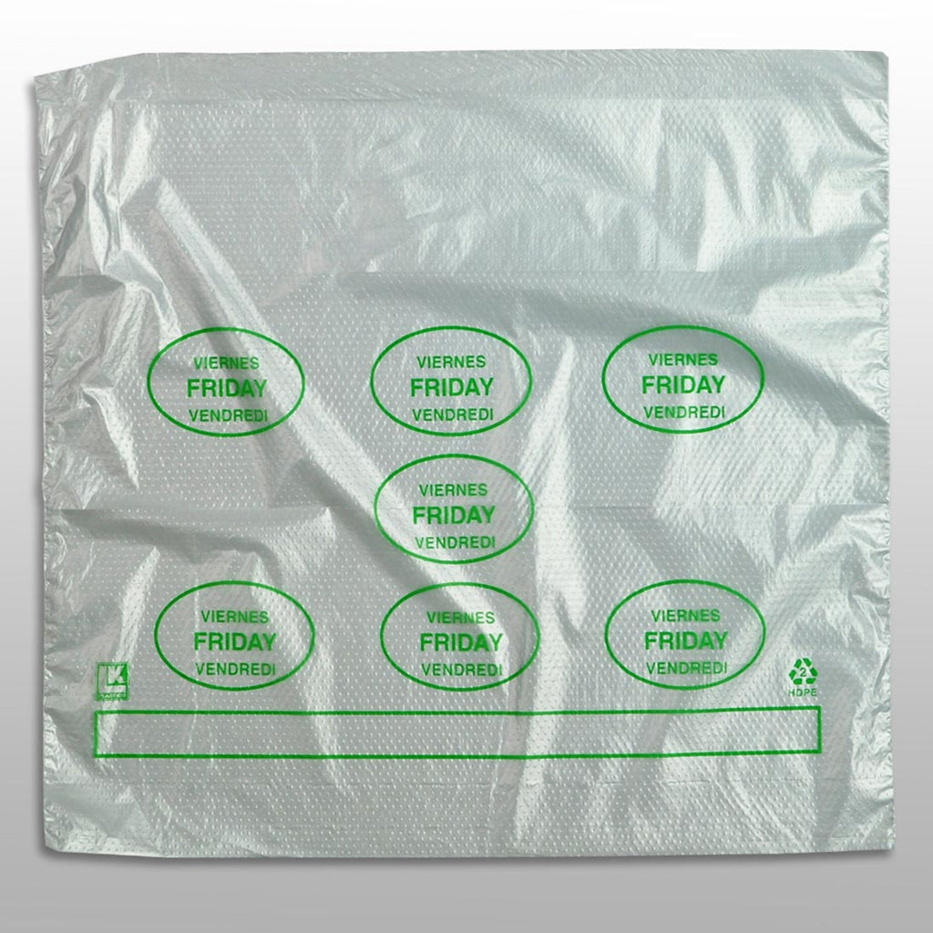 10" x 8-1/2 + 2 LP + 2 FB" Clear Spanish Print, Flip Top, Saddle Pack, "Friday" print in green 0.5 mil HDPE Portion Control Bags