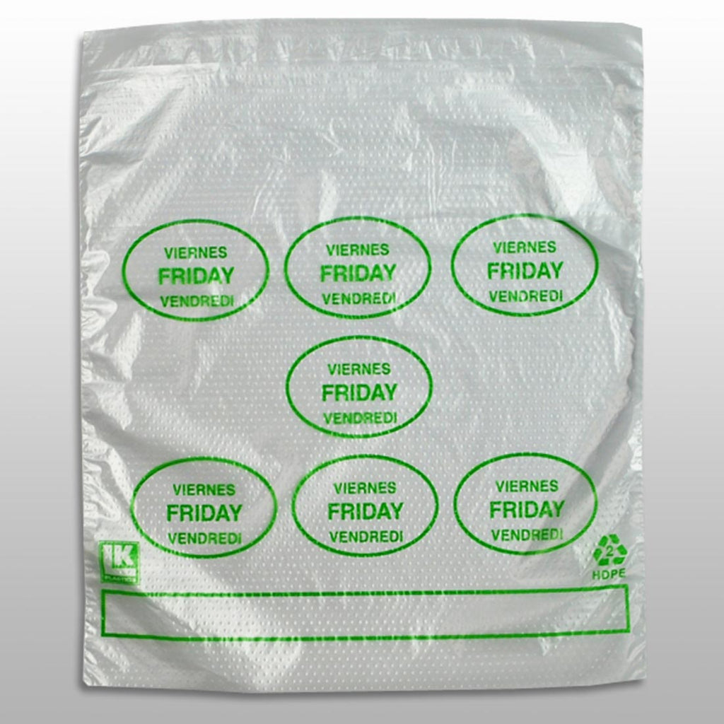 6-1/2" x 7 + 1-3/4 LP + 1-3/4 FB" Clear Spanish Print, Flip Top, Saddle Pack, "Friday" print in green 0.5 mil HDPE Portion Control Bags
