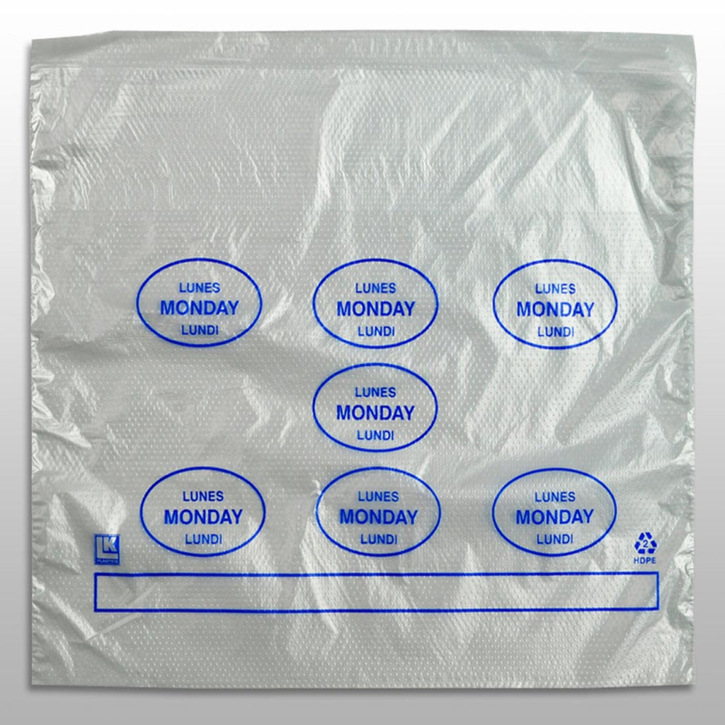 10" x 8-1/2 + 2 LP + 2 FB" Clear Spanish Print, Flip Top, Saddle Pack, "Monday" print in blue 0.5 mil HDPE Portion Control Bags