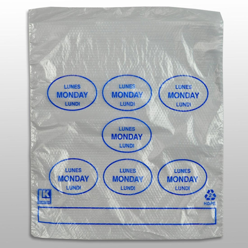 6-1/2" x 7 + 1-3/4 LP + 1-3/4 FB" Clear Spanish Print, Flip Top, Saddle Pack, "Monday" print in blue 0.5 mil HDPE Portion Control Bags