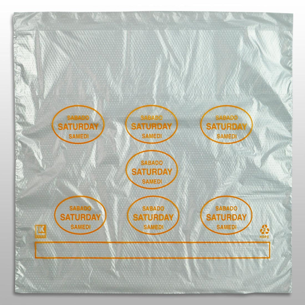 10" x 8-1/2 + 2 LP + 2 FB" Clear Spanish Print, Flip Top, Saddle Pack, "Saturday" print in orange 0.5 mil HDPE Portion Control Bags