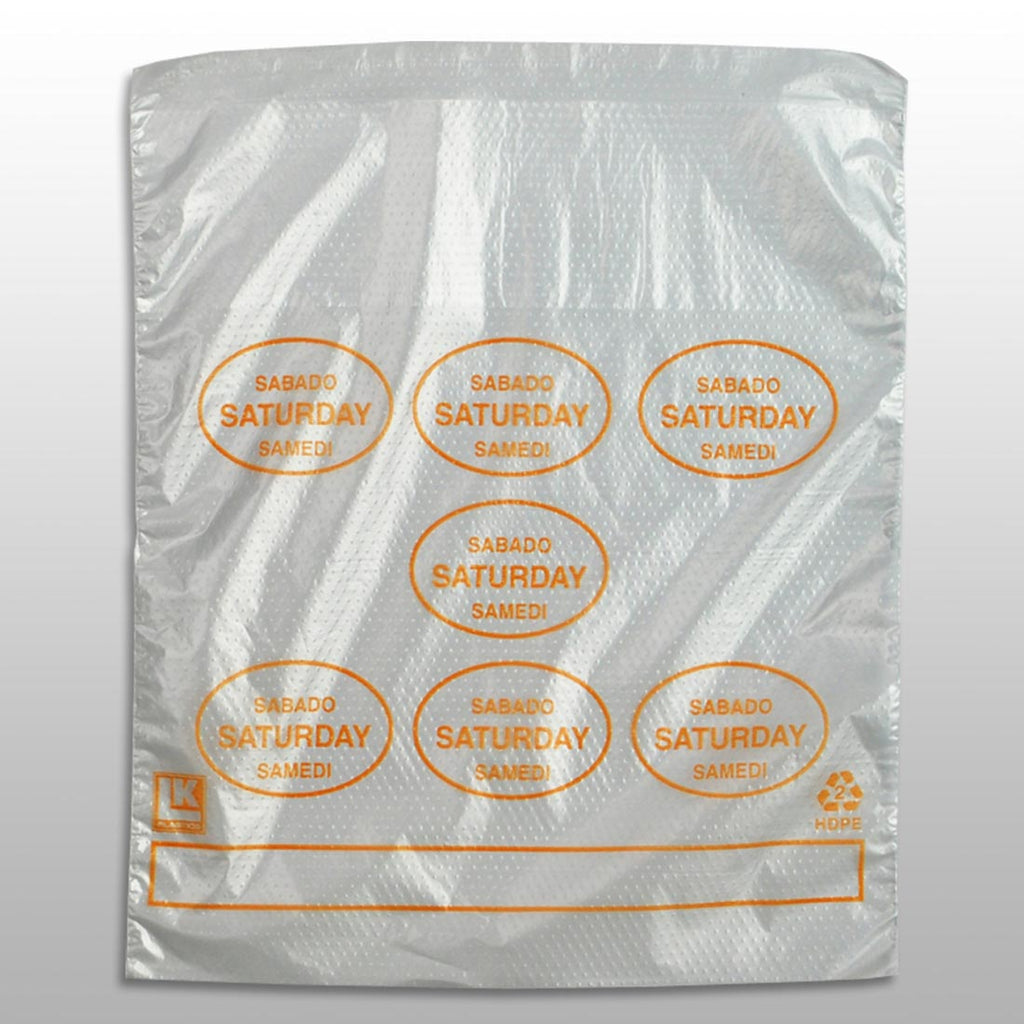 6-1/2" x 7 + 1-3/4 LP + 1-3/4 FB" Clear Spanish Print, Flip Top, Saddle Pack, "Saturday" print in orange 0.5 mil HDPE Portion Control Bags