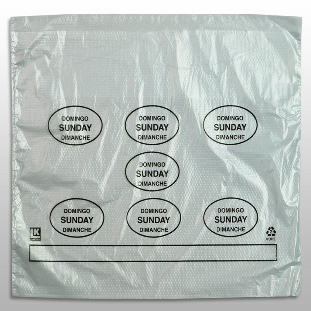 10" x 8-1/2 + 2 LP + 2 FB" Clear Spanish Print, Flip Top, Saddle Pack, "Sunday" print in black 0.5 mil HDPE Portion Control Bags