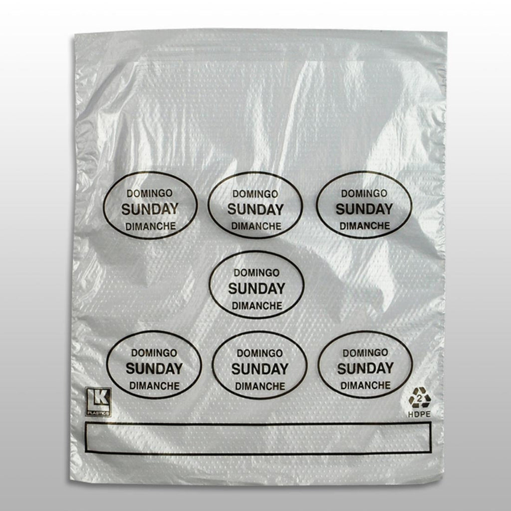 6-1/2" x 7 + 1-3/4 LP + 1-3/4 FB" Clear Spanish Print, Flip Top, Saddle Pack, "Sunday" print in black 0.5 mil HDPE Portion Control Bags