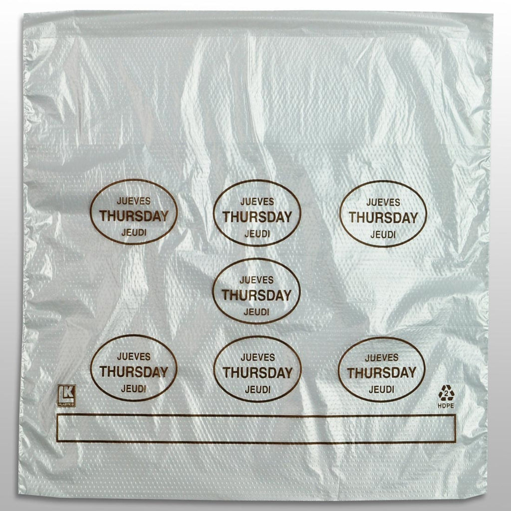 10" x 8-1/2 + 2 LP + 2 FB" Clear Spanish Print, Flip Top, Saddle Pack, "Thursday" print in brown 0.5 mil HDPE Portion Control Bags
