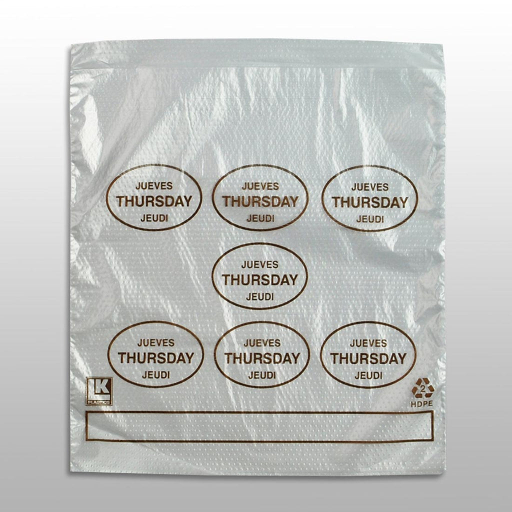 6-1/2" x 7 + 1-3/4 LP + 1-3/4 FB" Clear Spanish Print, Flip Top, Saddle Pack, "Thursday" print in brown 0.5 mil HDPE Portion Control Bags