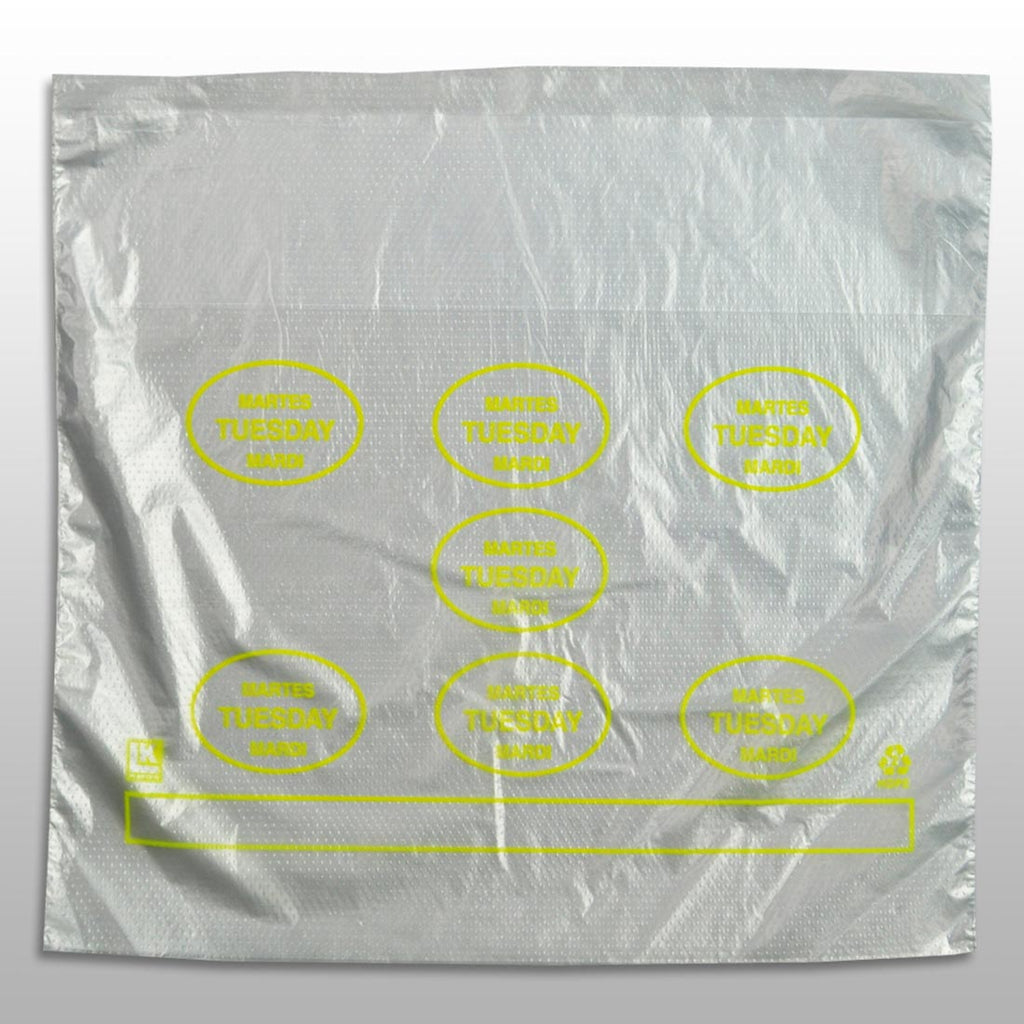 10" x 8-1/2 + 2 LP + 2 FB" Clear Spanish Print, Flip Top, Saddle Pack, "Tuesday" print in yellow 0.5 mil HDPE Portion Control Bags