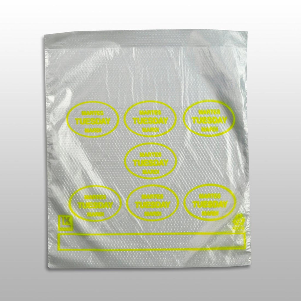 6-1/2" x 7 + 1-3/4 LP + 1-3/4 FB" Clear Spanish Print, Flip Top, Saddle Pack, "Tuesday" print in yellow 0.5 mil HDPE Portion Control Bags