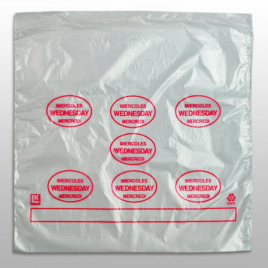 10" x 8-1/2 + 2 LP + 2 FB" Clear Spanish Print, Flip Top, Saddle Pack, "Wednesday" print in red 0.5 mil HDPE Portion Control Bags