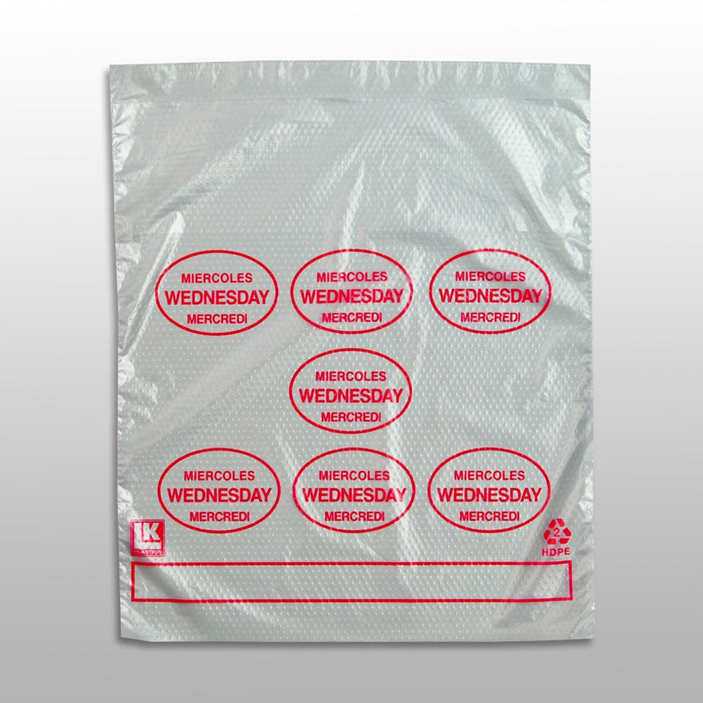 6-1/2" x 7 + 1-3/4 LP + 1-3/4 FB" Clear Spanish Print, Flip Top, Saddle Pack, "Wednesday" print in red 0.5 mil HDPE Portion Control Bags