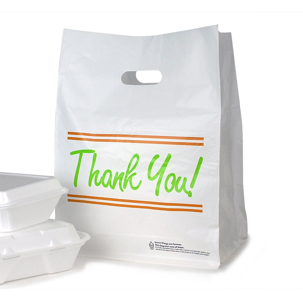 12" x 10" x 16 + 10 BG" White Printed, with Die Cut Handle and Square-Cut Top 1.75 mil HDPE Take Out Bags