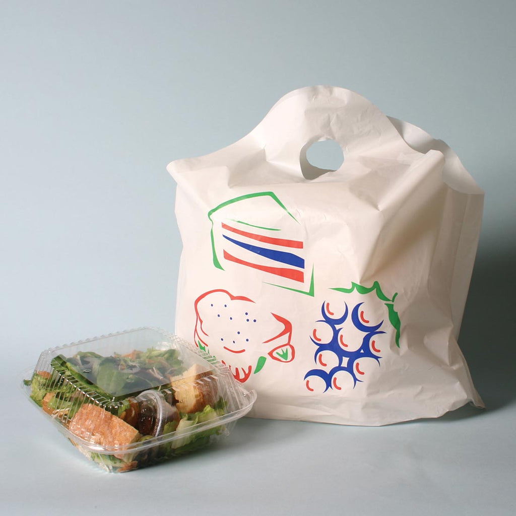 12" x 13 + 5 BG" White Printed, with Wave Top Handle 1.2 mil HDPE Take Out Bags