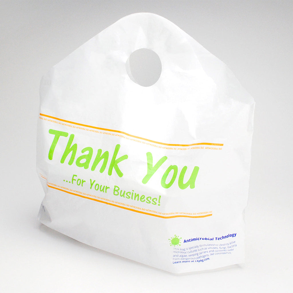 16-1/2" x 14 + 6 BG" White Antimicrobial, Printed "Thank You" 1.25 mil HDPE Take Out Bags