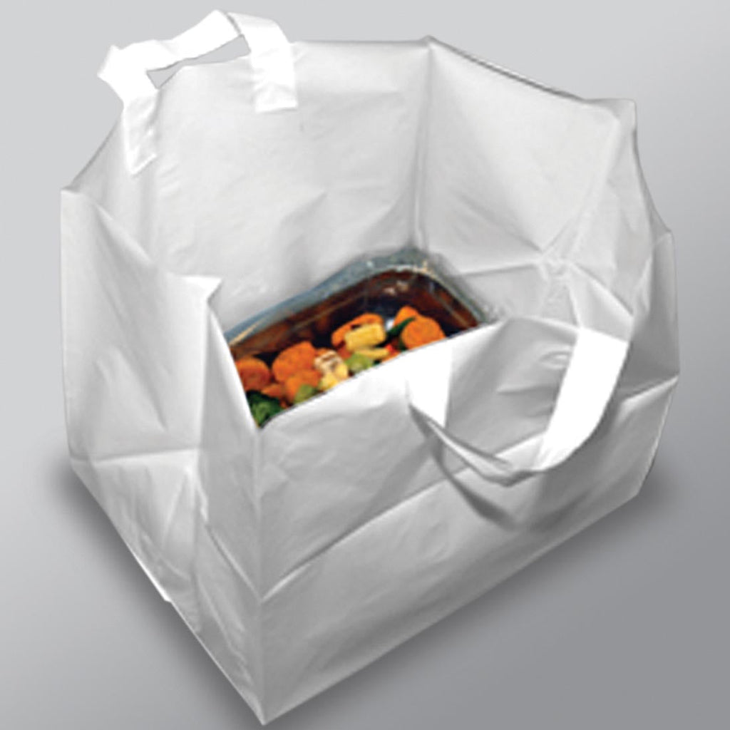 22" x 14" x 15-1/4 + 14 BG" White with Loop Handle 3 mil HDPE Take Out Bags