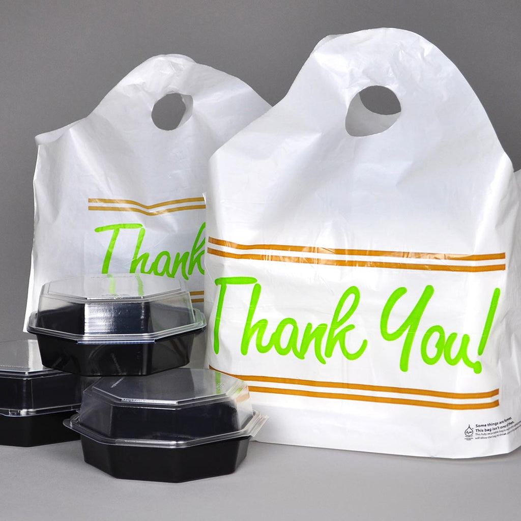 24" x 20 + 11 BG" White with Wave Top Handle,Printed "Thank You" 1.5 mil HDPE Take Out Bags
