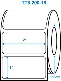 2" x 1" White 3 in. core, no perforation, 1 label across Perm. adhesive Thermal Transfer Labels
