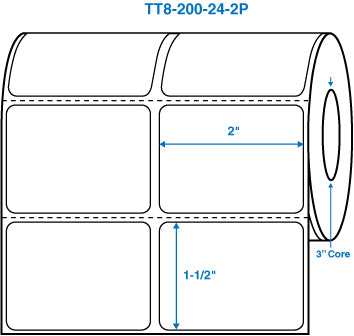 2" x 1-1/2" White 3 in. core, with perforation, 2 labels across Perm. adhesive Thermal Transfer Labels