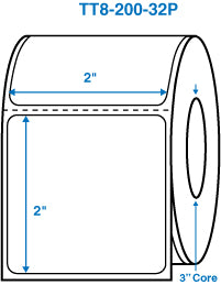 2" x 2" White 3 in. core, with perforation Perm. adhesive Thermal Transfer Labels