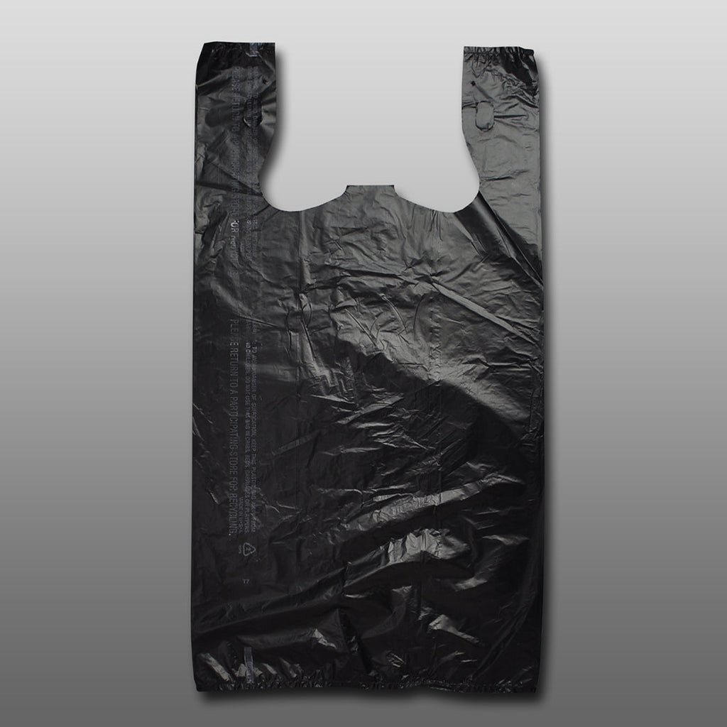 11-1/2" x 6-1/2" x 21-1/2" Black 0.55 mil HDPE T-Shirt Bags
