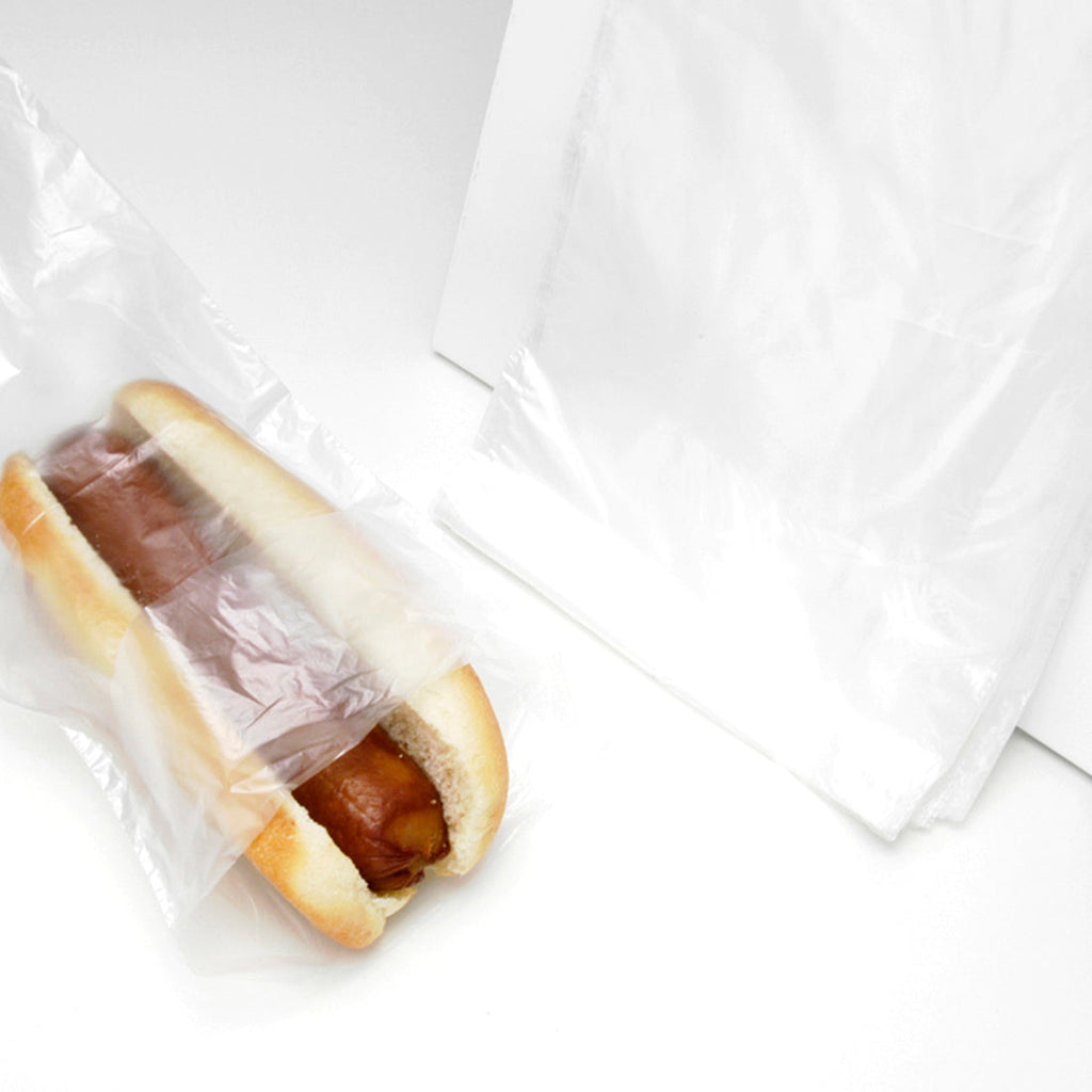 5-1/4" x 10 + 1-1/2 FB" Clear Flip Top, Saddle Pack, Printed 0.5 mil HDPE Hot Dog Bags