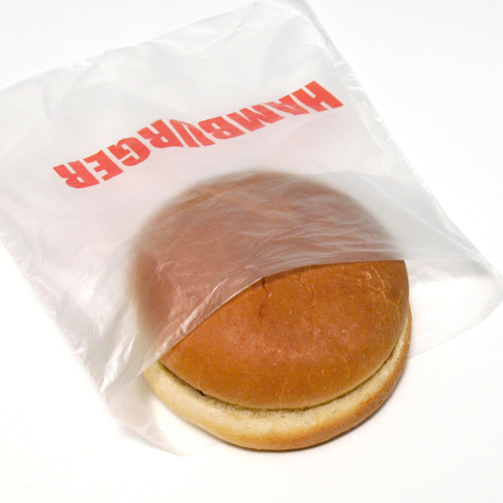 6-1/2" x 7 + 1-3/4 FB" Clear Flip Top, Saddle Pack, Printed 0.5 mil HDPE Hamburger Bags