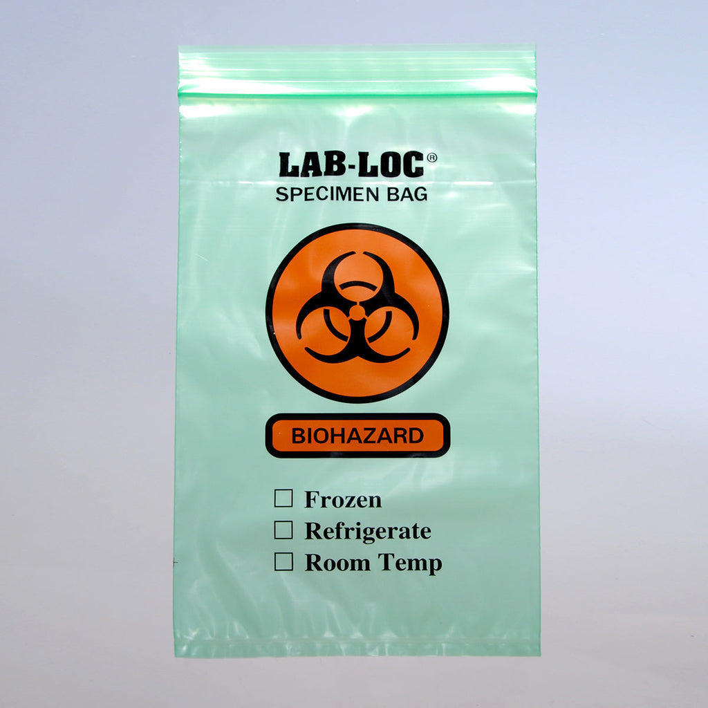 6" x 9" Green Spanish Print, Zipper, 3-Wall, Biohazard 2 mil LDPE Specimen Transfer Bags