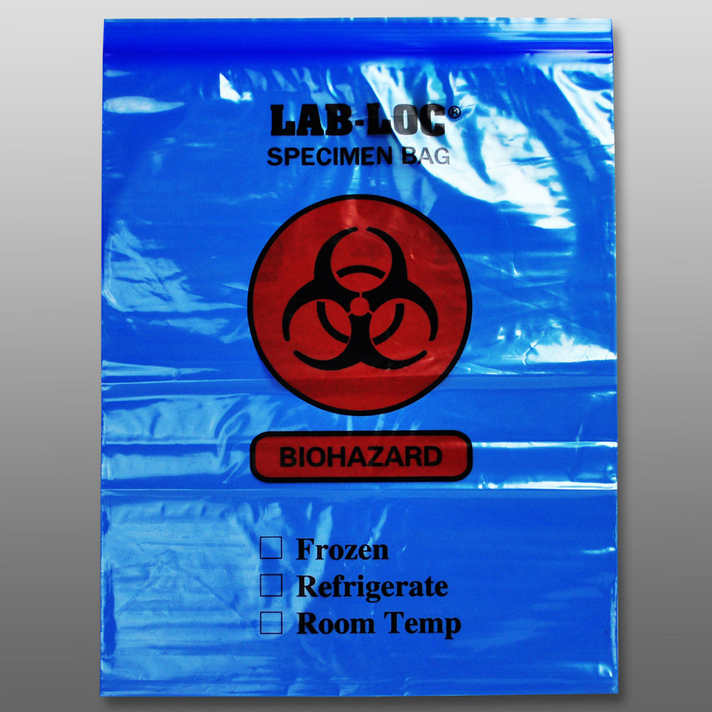 12" x 15" Blue 2-Wall, Spanish Print, Zipper, Biohazard 2 mil LDPE Specimen Transfer Bags