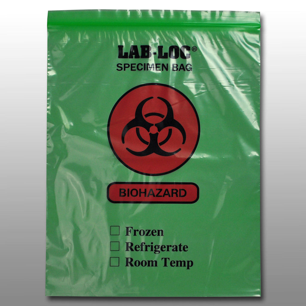 12" x 15" Green Spanish Print, Zipper, 2-Wall, Biohazard 2 mil LDPE Specimen Transfer Bags
