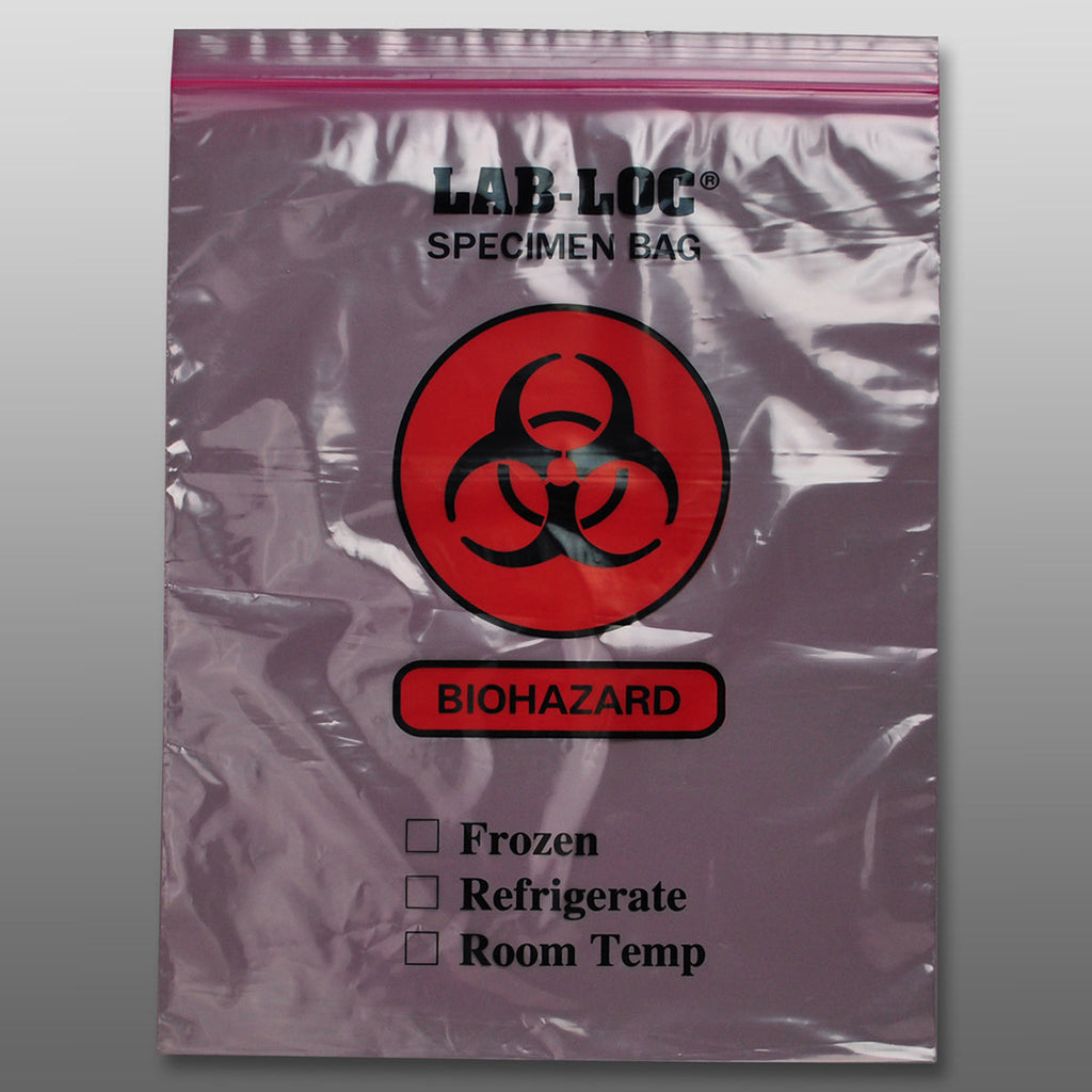 12" x 15" Grey Spanish Print, Zipper, 2-Wall, Biohazard 2 mil LDPE Specimen Transfer Bags