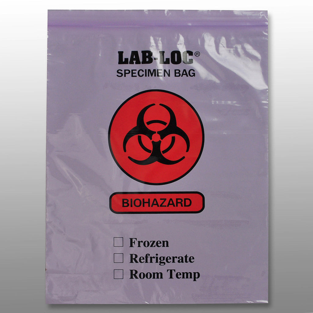12" x 15" Purple Spanish Print, Zipper, 2-Wall, Biohazard 2 mil LDPE Specimen Transfer Bags