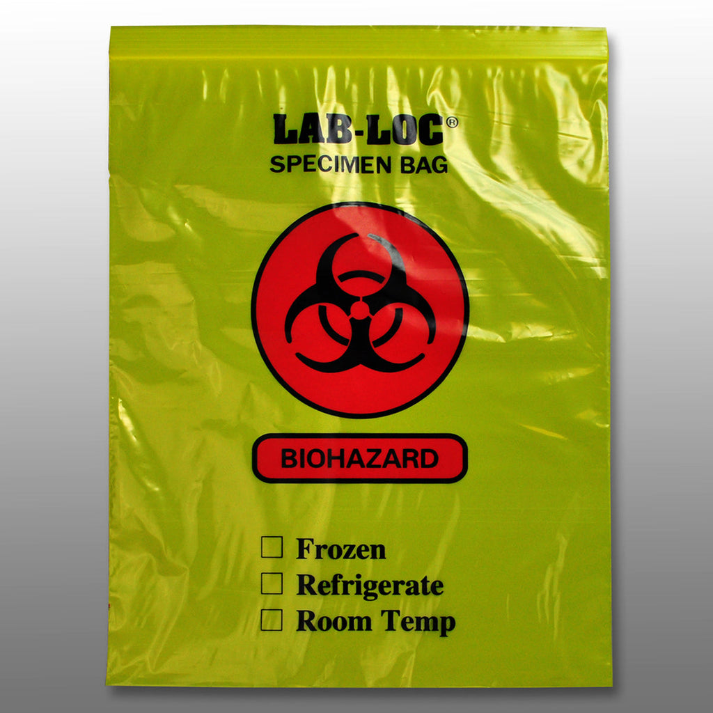 12" x 15" Yellow Tint 2-Wall, Spanish Print, Zipper, Biohazard 2 mil LDPE Specimen Transfer Bags