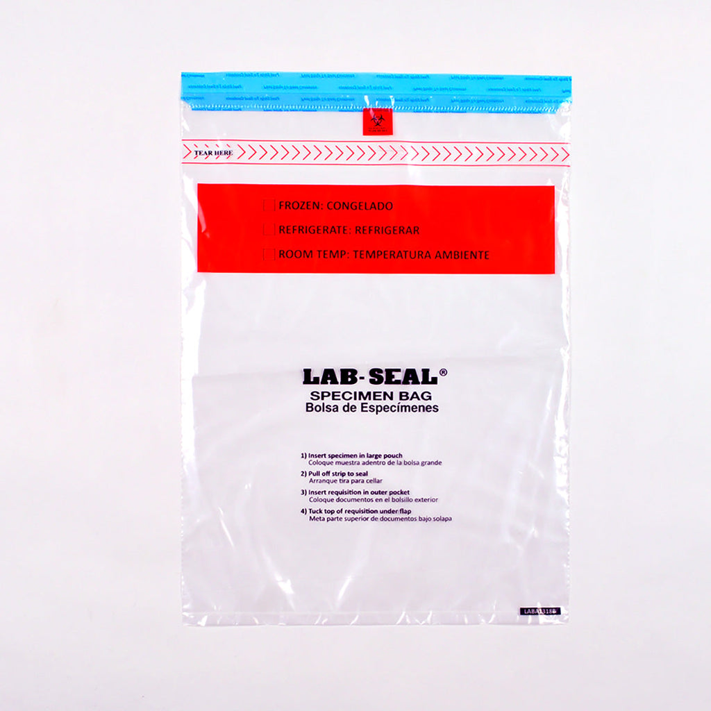 13" x 18" Clear Tamper Evident, Spanish Print, Zipper, Removable Biohazard Symbol, Lab Seal® 1.8 mil LDPE Specimen Bags